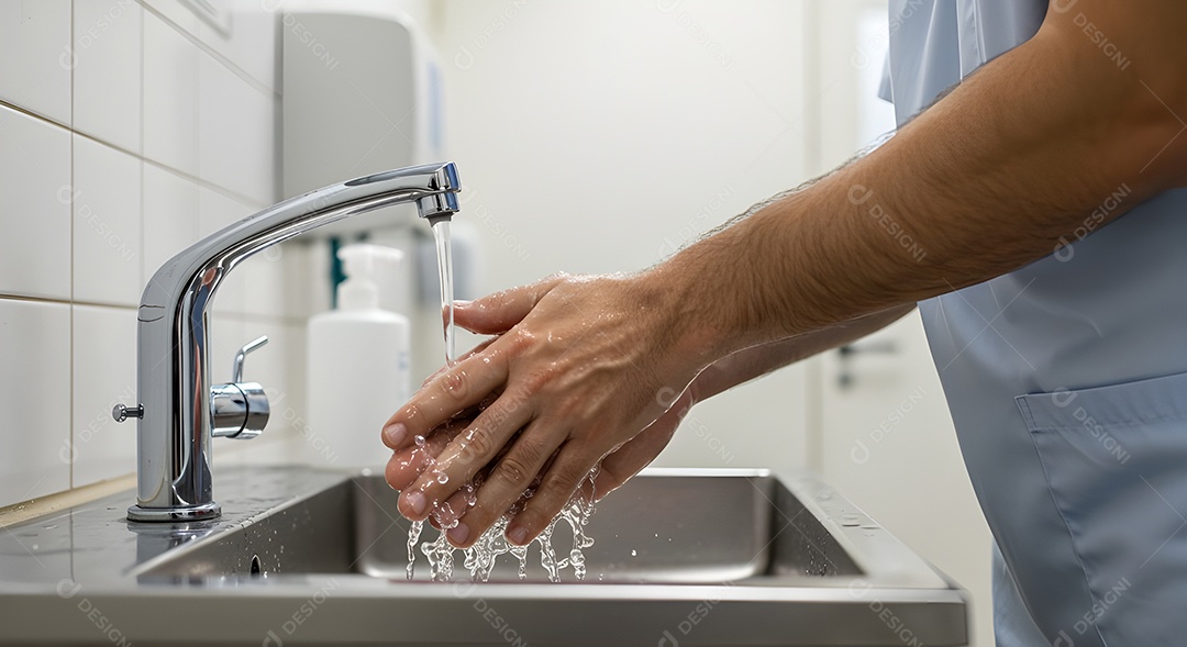 Imagem mostra uma pessoa lavando as mãos em uma pia, destacando a importância da higiene das mãos