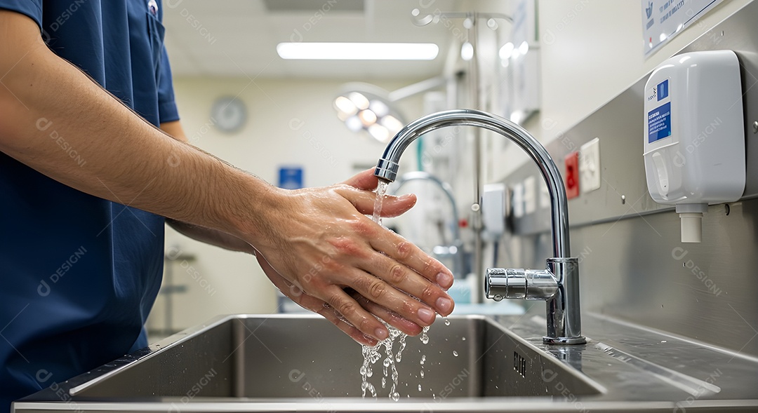 Imagem mostra uma pessoa lavando as mãos em uma pia, destacando a importância da higiene das mãos