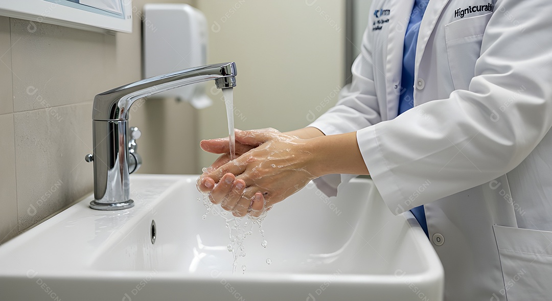 Imagem mostra uma pessoa lavando as mãos em uma pia, destacando a importância da higiene das mãos