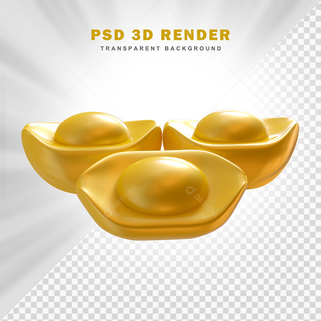Elemento 3D Três Lingote de Ouro Chinês Para Composição PSD