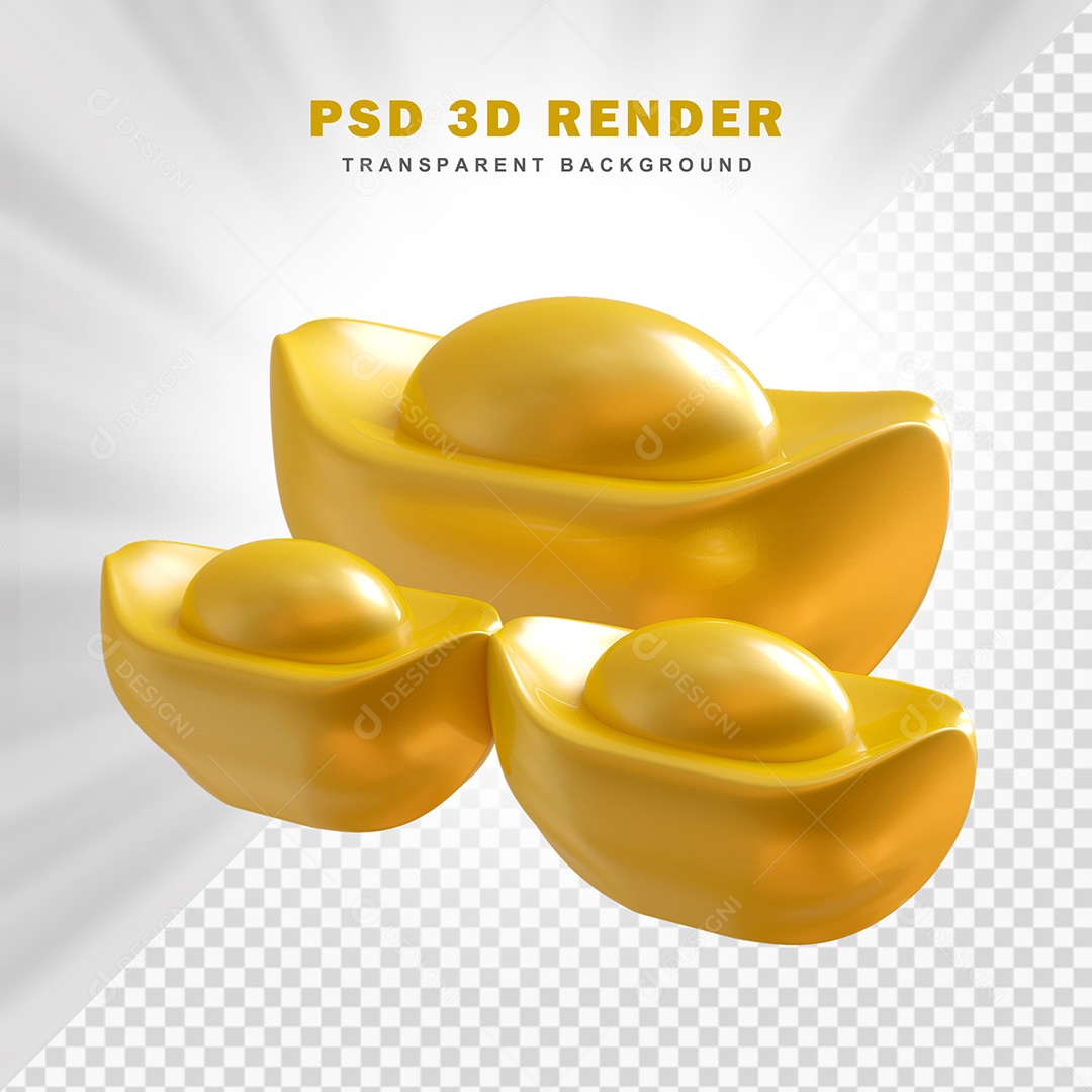 Elemento 3D Três Lingote de Ouro Chinês Para Composição PSD