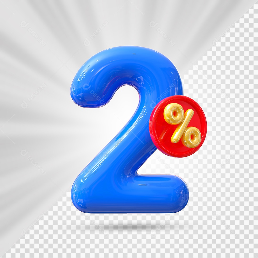 Elemento 3D Número 2% Azul Para Composição PSD
