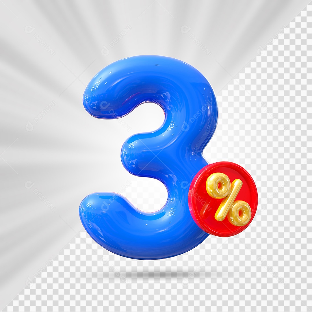 Elemento 3D Número 3% Azul Para Composição PSD