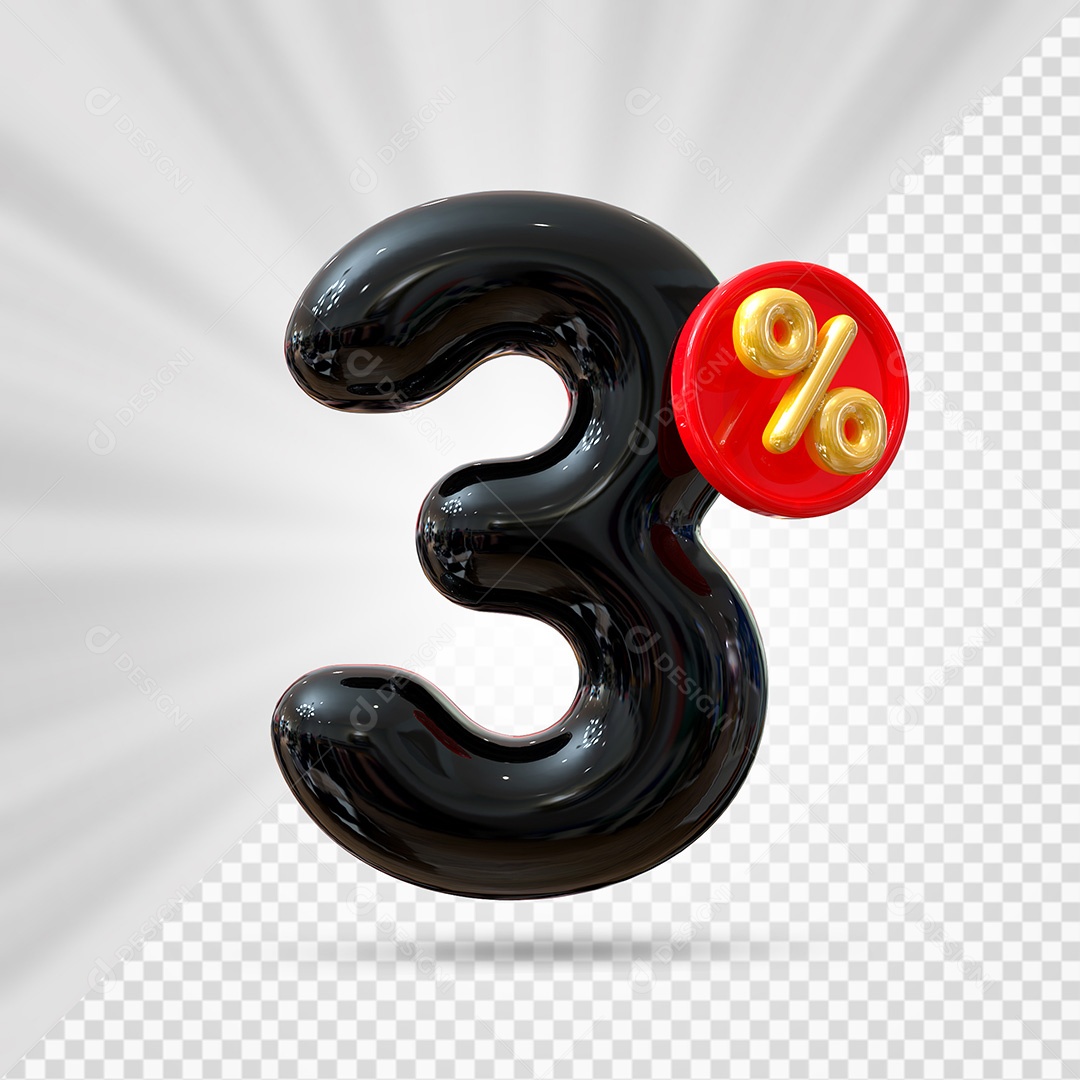 Elemento 3D Número 3% Preto Para Composição PSD