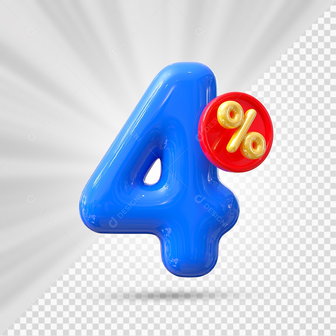 Elemento 3D Número 4% Azul Para Composição PSD