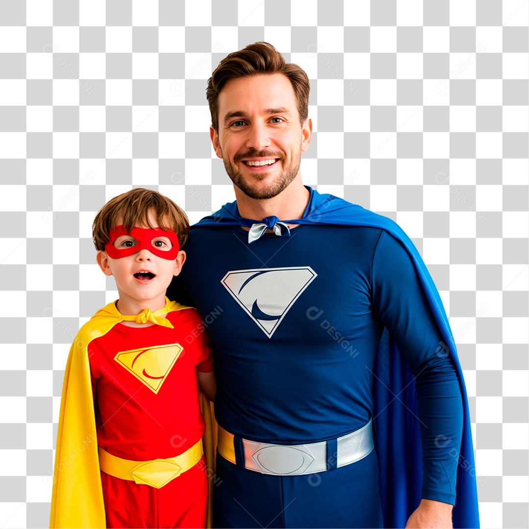 Pai e Filho com Fantasia de Super Herói PNG Transparente