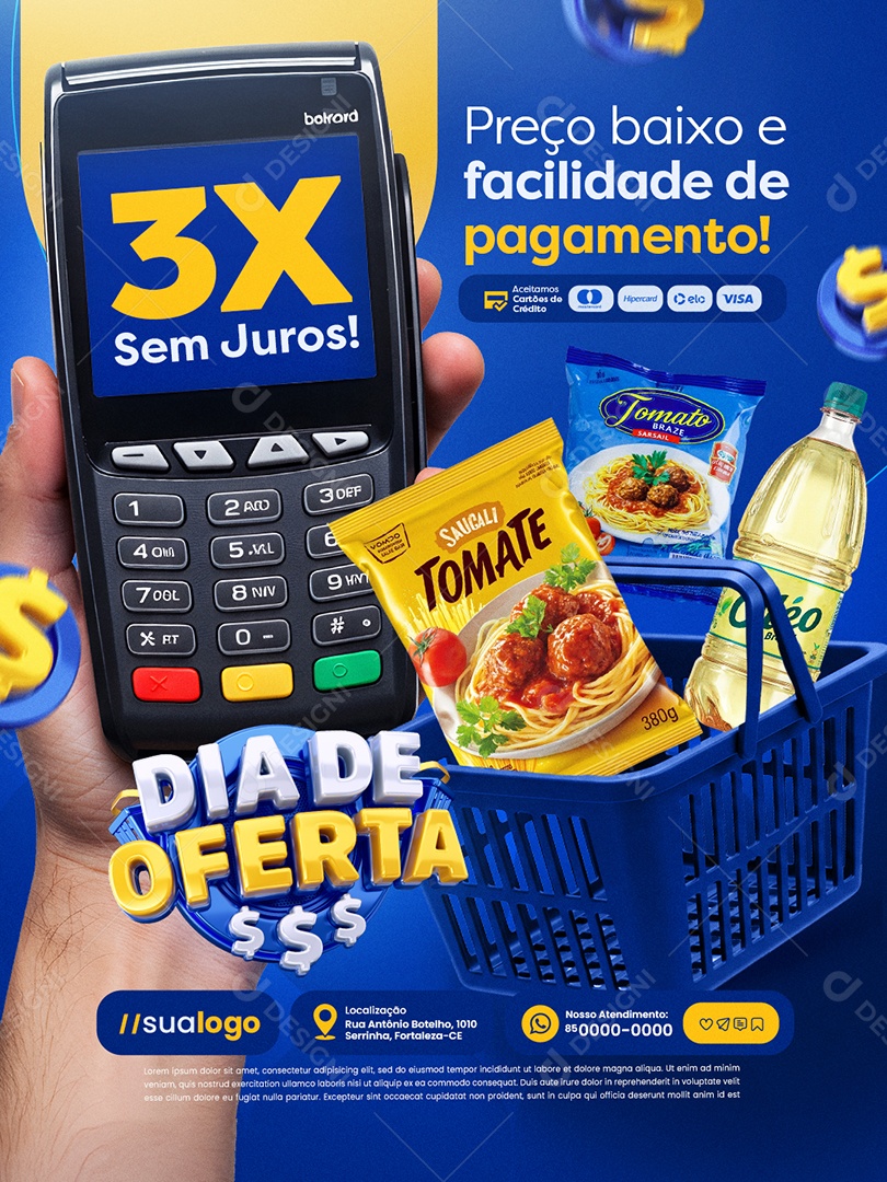 Dia de Oferta Supermercado Preço Baixo e Facilidade Social Media PSD Editável