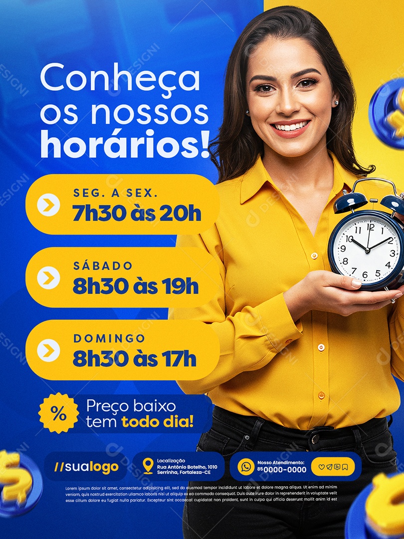 Dia de Oferta Supermercado Conheça os Nossos Horários Social Media PSD Editável