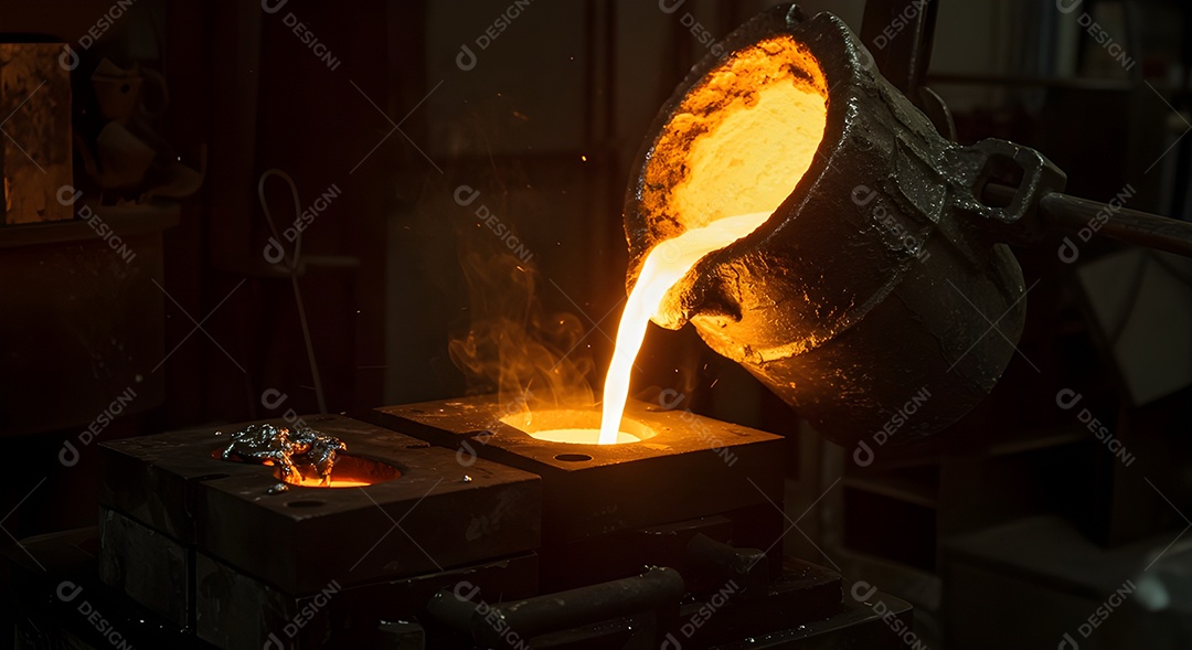 Imagem mostra o processo de fundição de metais