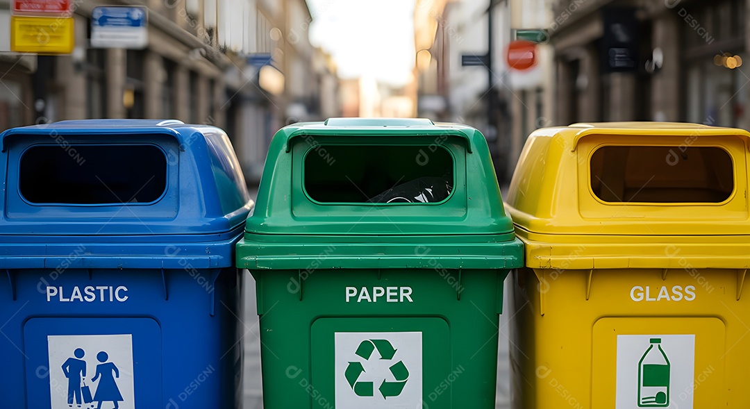 Imagem exibe um conjunto de lixeiras para coleta seletiva
