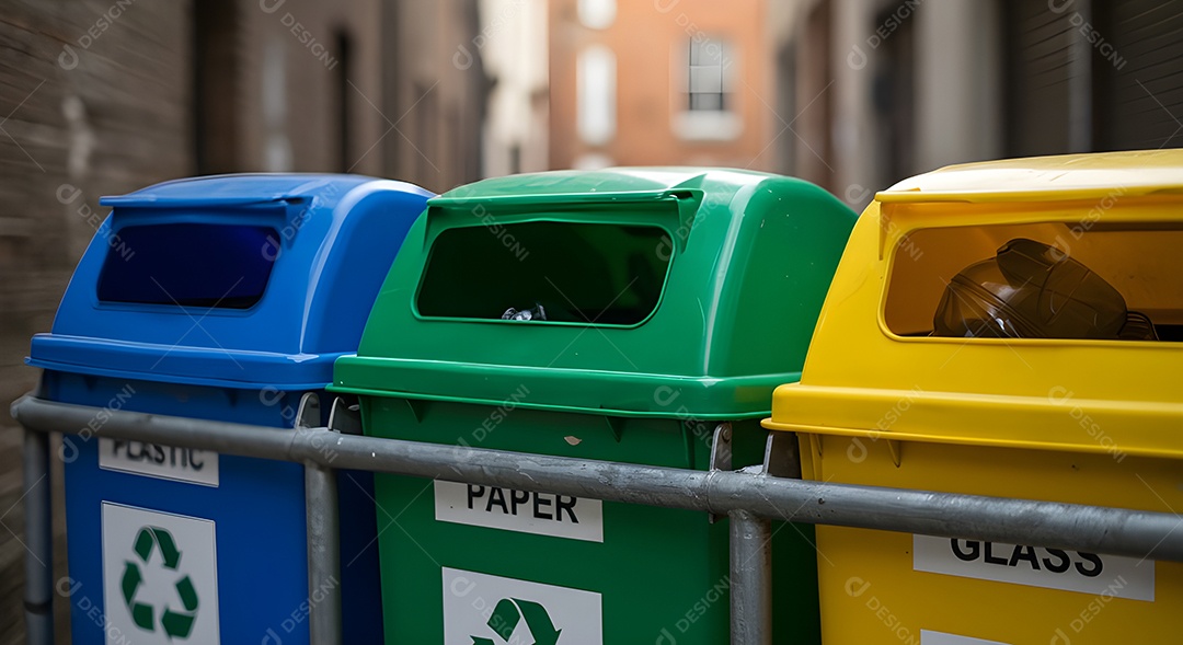 Imagem exibe um conjunto de lixeiras para coleta seletiva