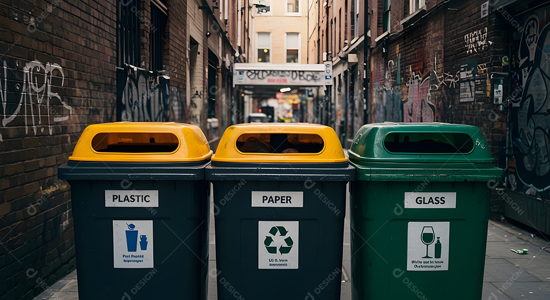Imagem exibe um conjunto de lixeiras para coleta seletiva