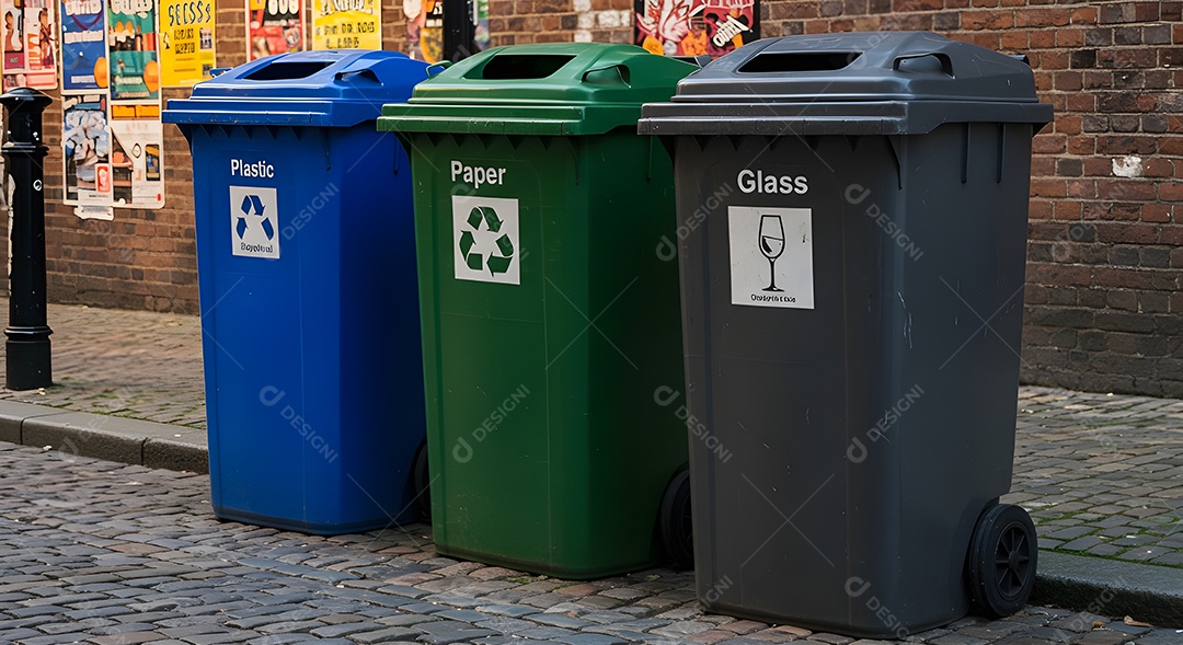 Imagem exibe um conjunto de lixeiras para coleta seletiva