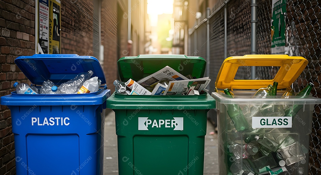 Imagem exibe um conjunto de lixeiras para coleta seletiva