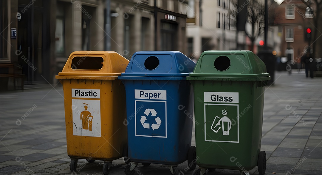 Imagem exibe um conjunto de lixeiras para coleta seletiva
