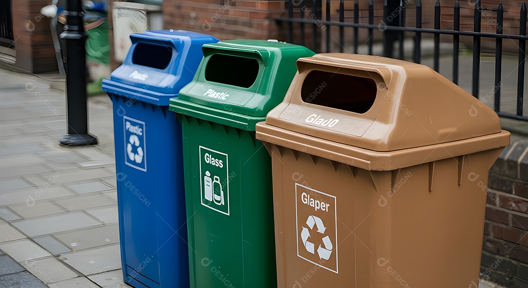 Imagem exibe um conjunto de lixeiras para coleta seletiva