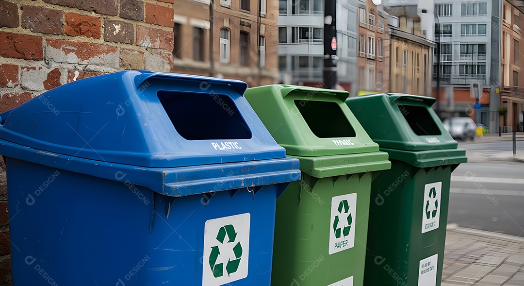 Imagem exibe um conjunto de lixeiras para coleta seletiva