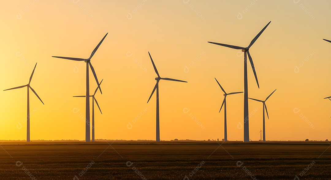 Imagem mostra um parque eólico ao pôr do sol, com várias turbinas eólicas em silhueta contra o céu vibrante