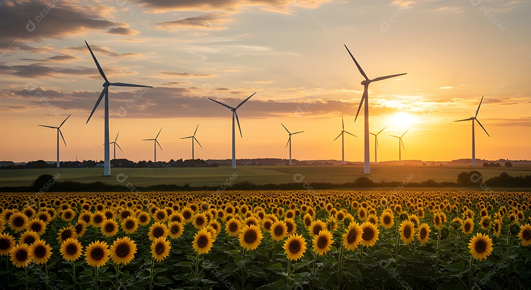 Imagem mostra um parque eólico ao pôr do sol, com várias turbinas eólicas em silhueta contra o céu vibrante
