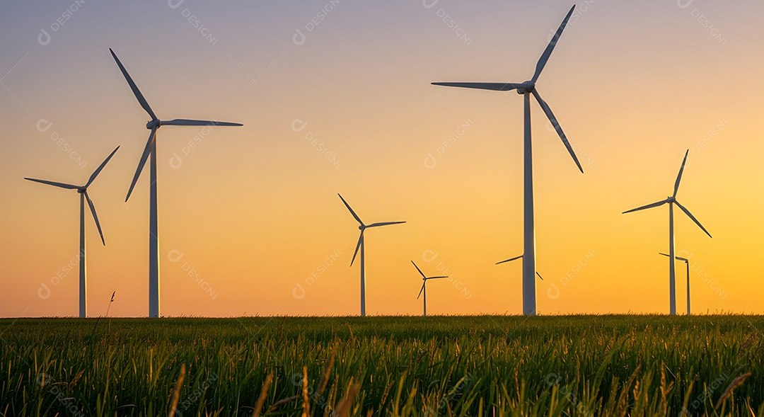 Imagem mostra um parque eólico ao pôr do sol, com várias turbinas eólicas em silhueta contra o céu vibrante