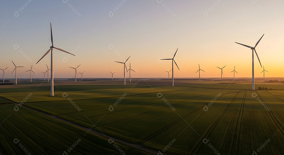 Imagem mostra um parque eólico ao pôr do sol, com várias turbinas eólicas em silhueta contra o céu vibrante