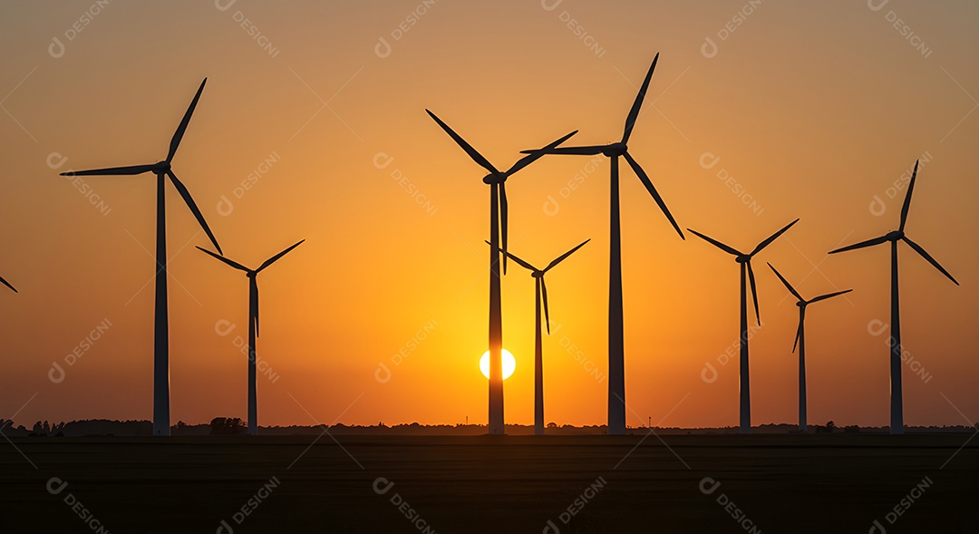 Imagem mostra um parque eólico ao pôr do sol, com várias turbinas eólicas em silhueta contra o céu vibrant