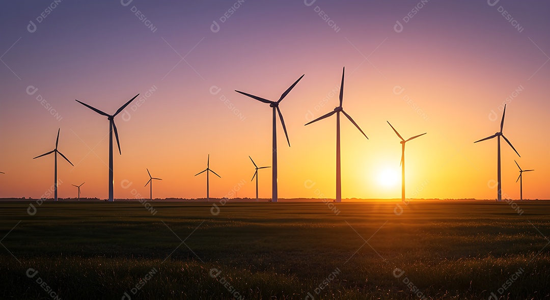 Imagem mostra um parque eólico ao pôr do sol, com várias turbinas eólicas em silhueta contra o céu vibrante
