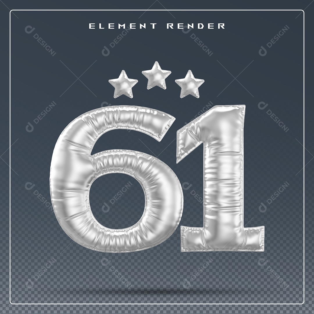 Elemento 3D Número 61 Cinza para Composição PSD