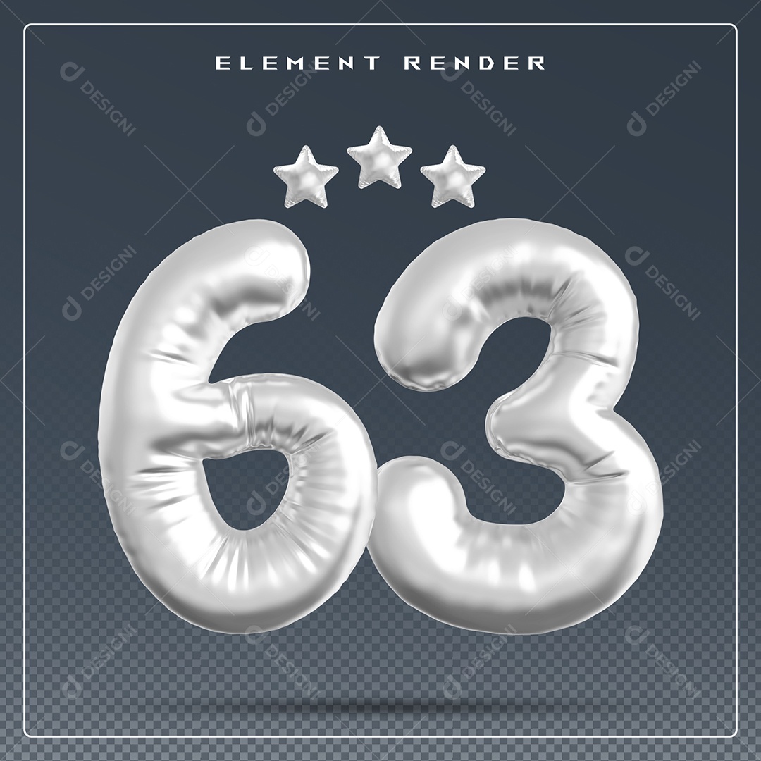 Elemento 3D Número 63 Cinza para Composição PSD