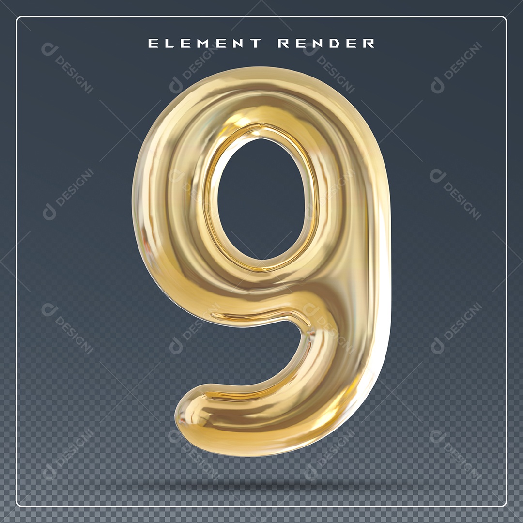 Elemento 3D Número 9 Dourado para Composição PSD