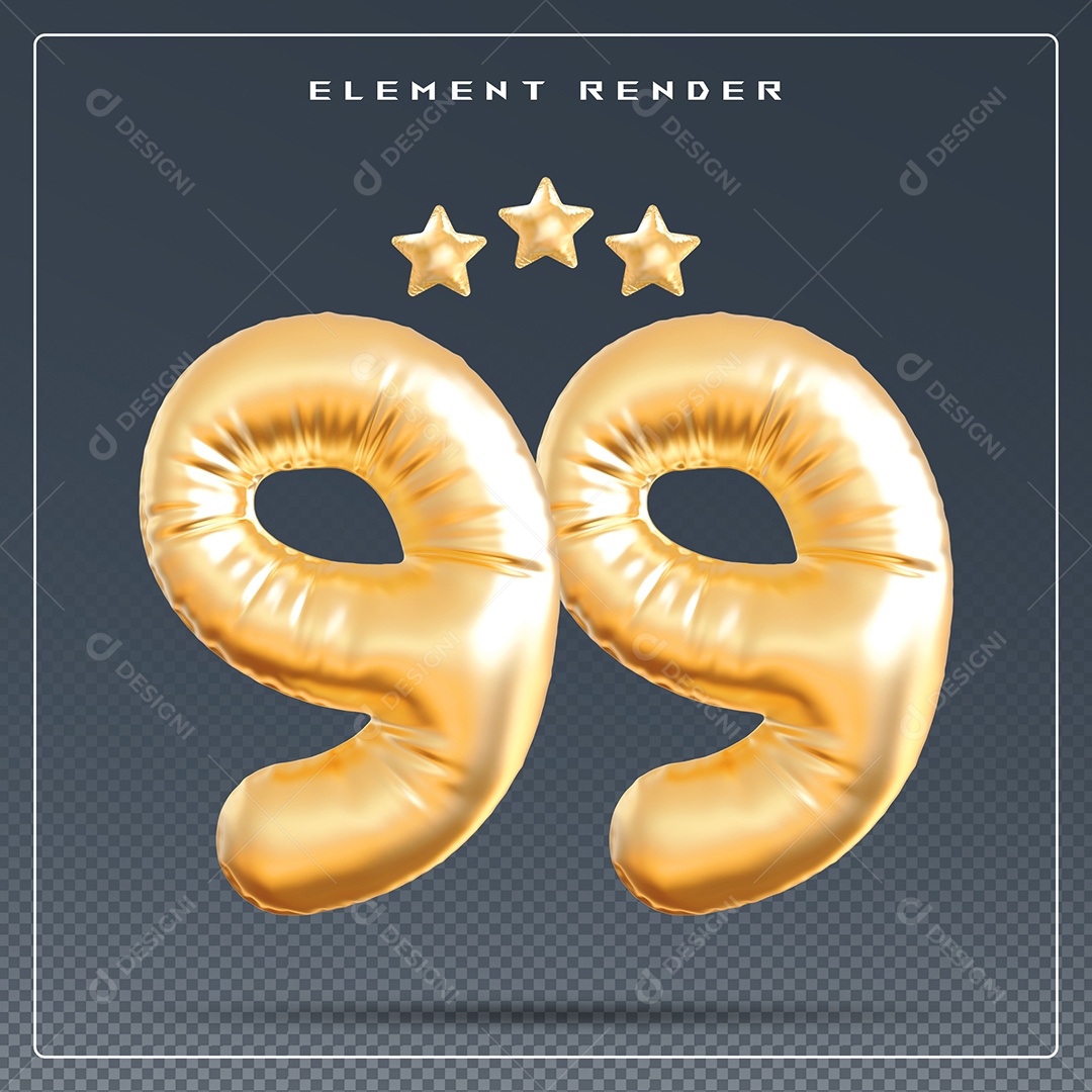 Elemento 3D Número 99 Dourado para Composição PSD