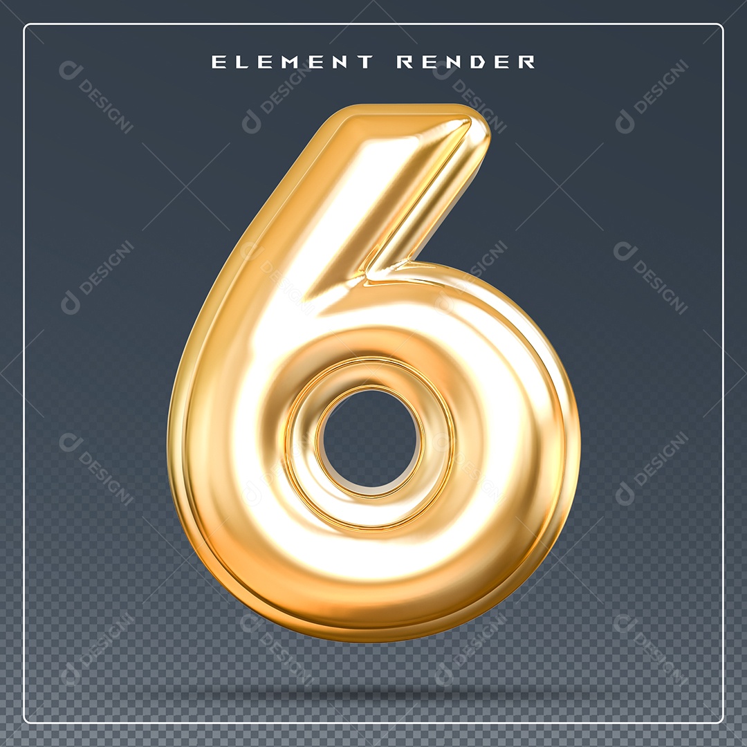 Elemento 3D Número 6 Dourado para Composição PSD