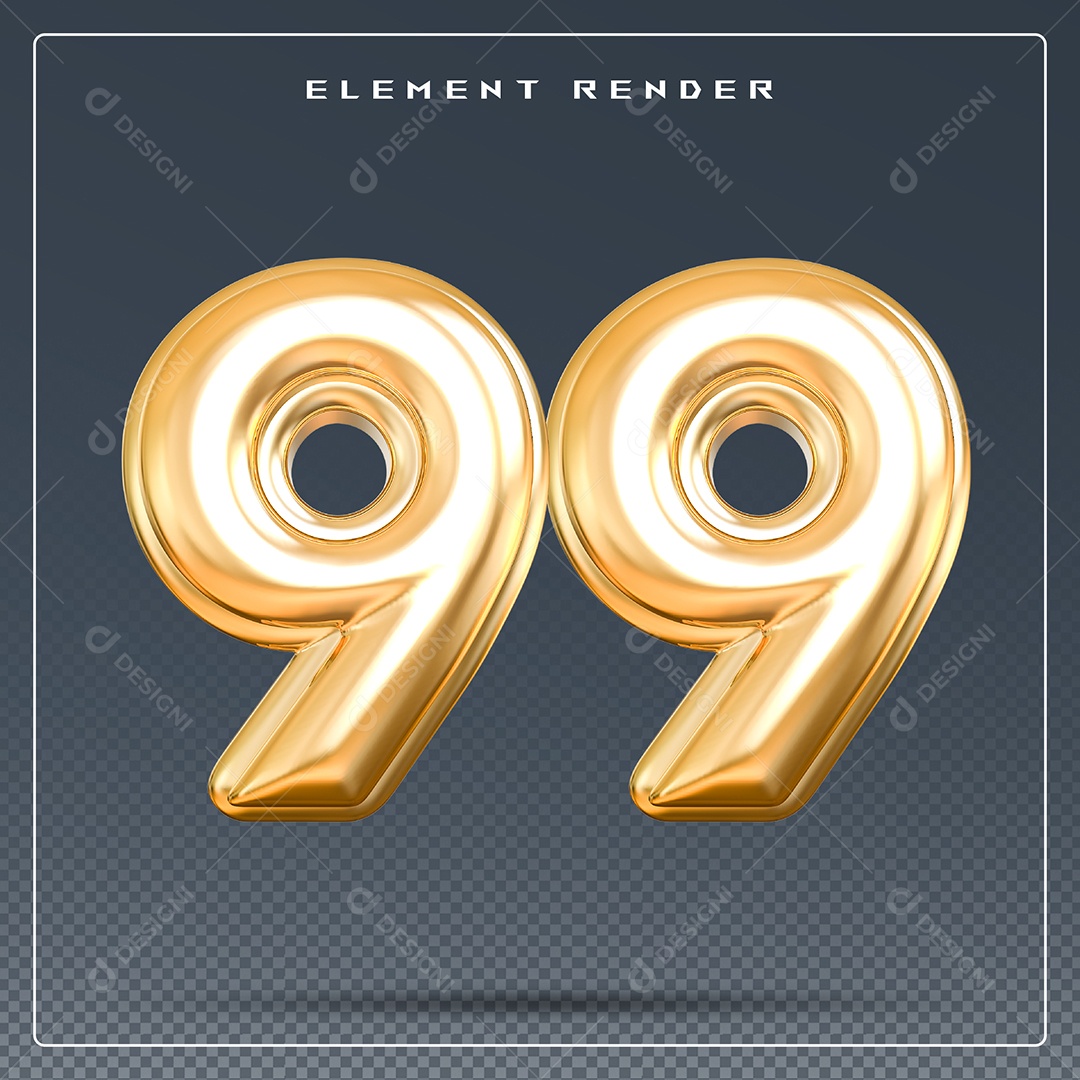 Elemento 3D Número 99 Dourado para Composição PSD