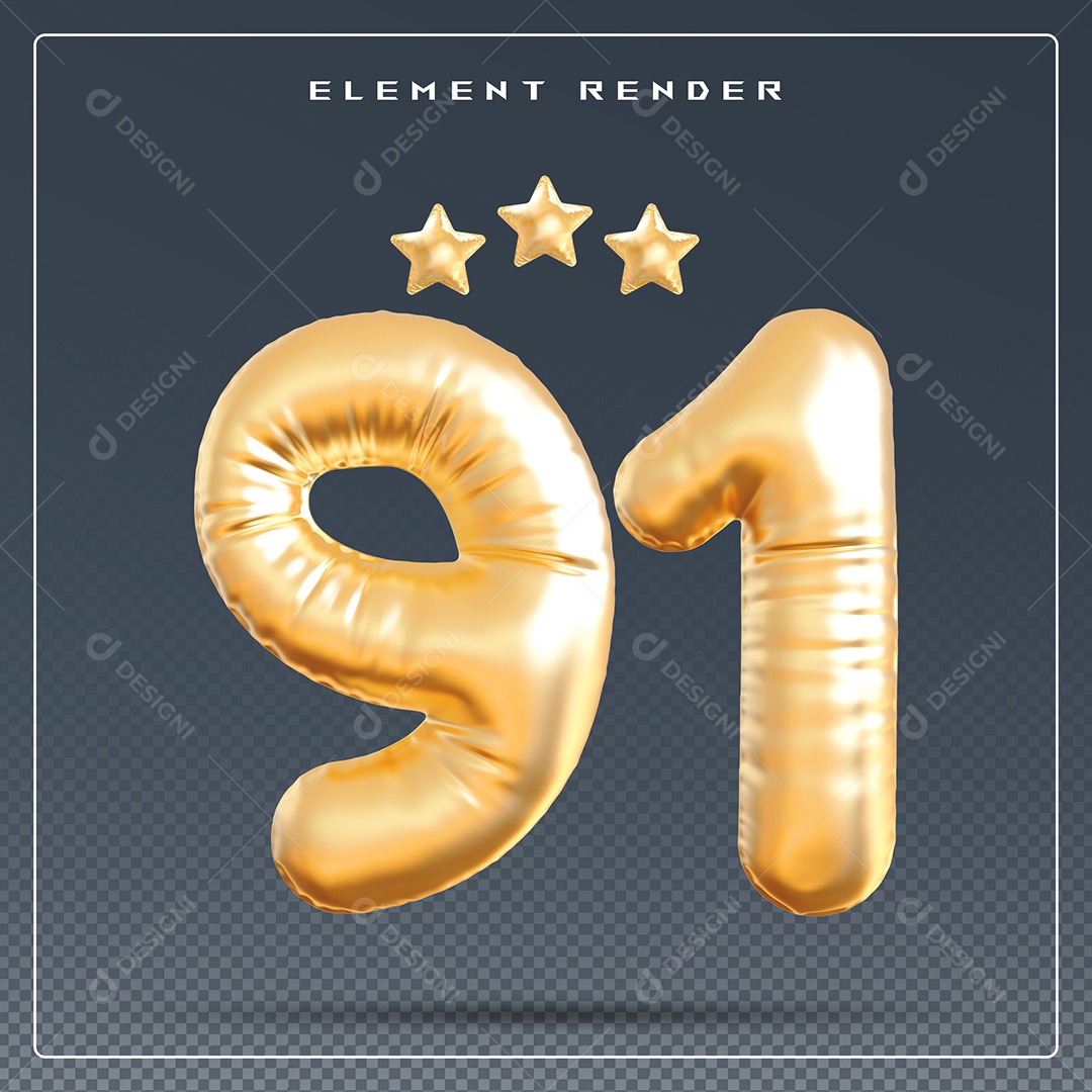 Elemento 3D Número 91 Dourado para Composição PSD