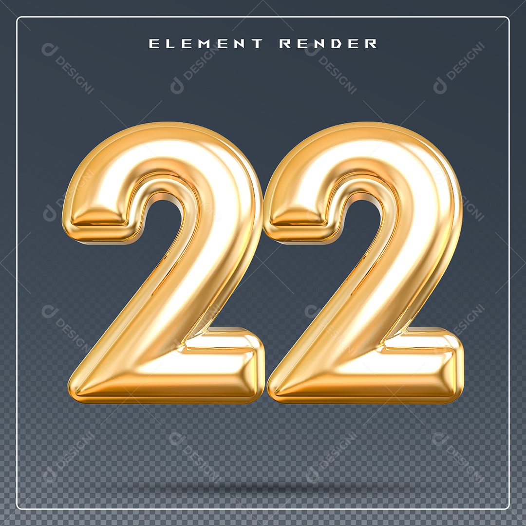 Elemento 3D Número 22 Dourado para Composição PSD