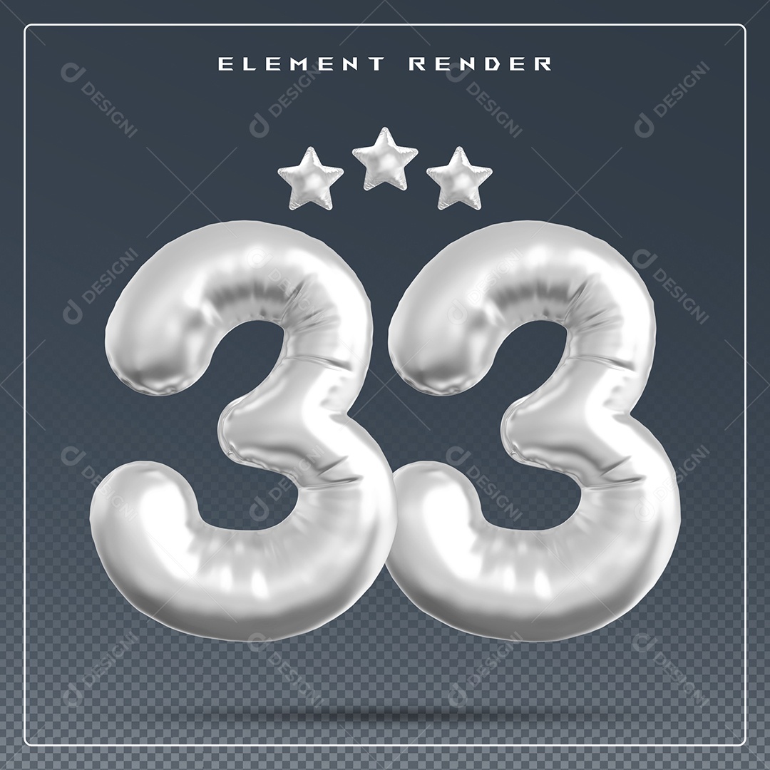 Elemento 3D Número 33 Cinza para Composição PSD