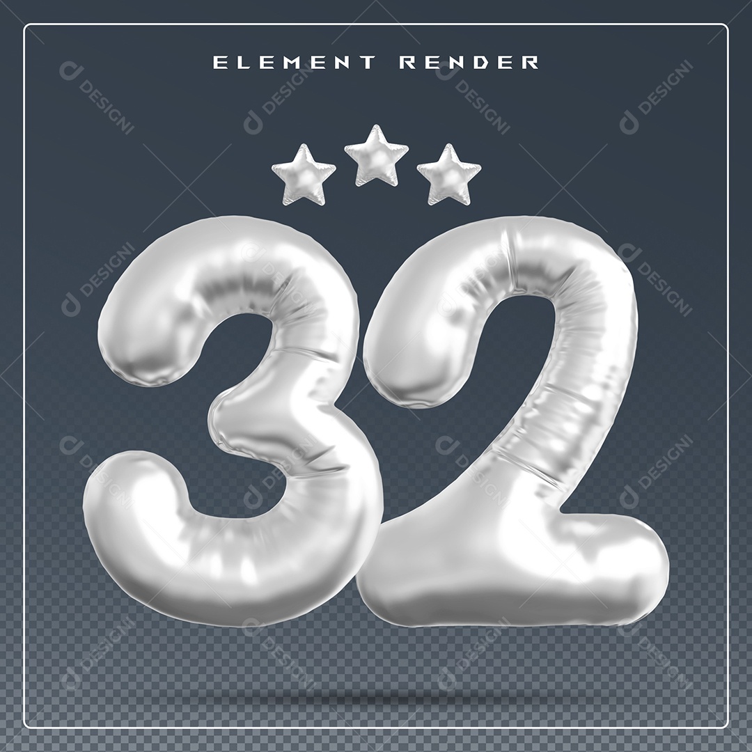 Elemento 3D Número 32 Cinza para Composição PSD