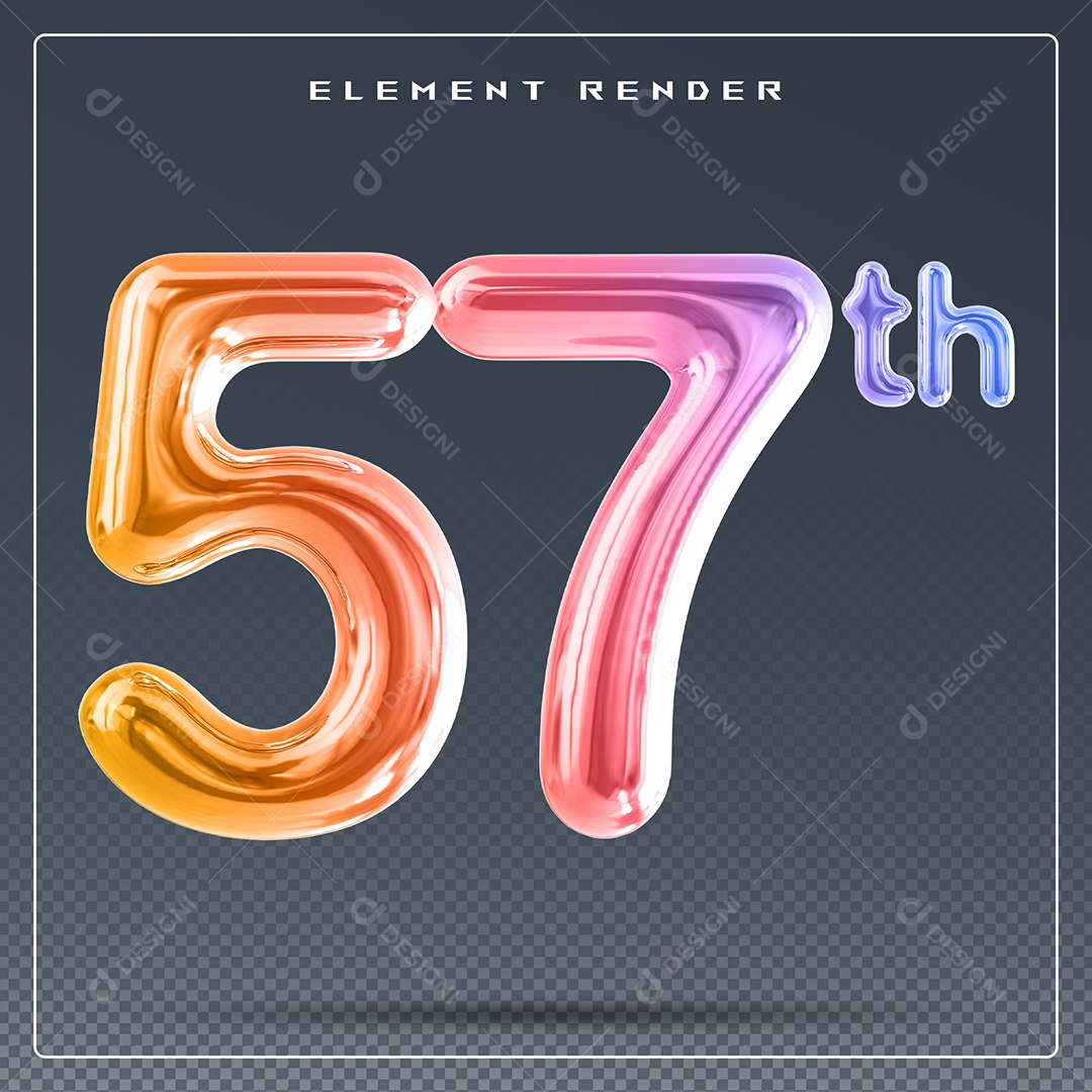 Elemento 3D Número 57 Th Colorido para Composição PSD