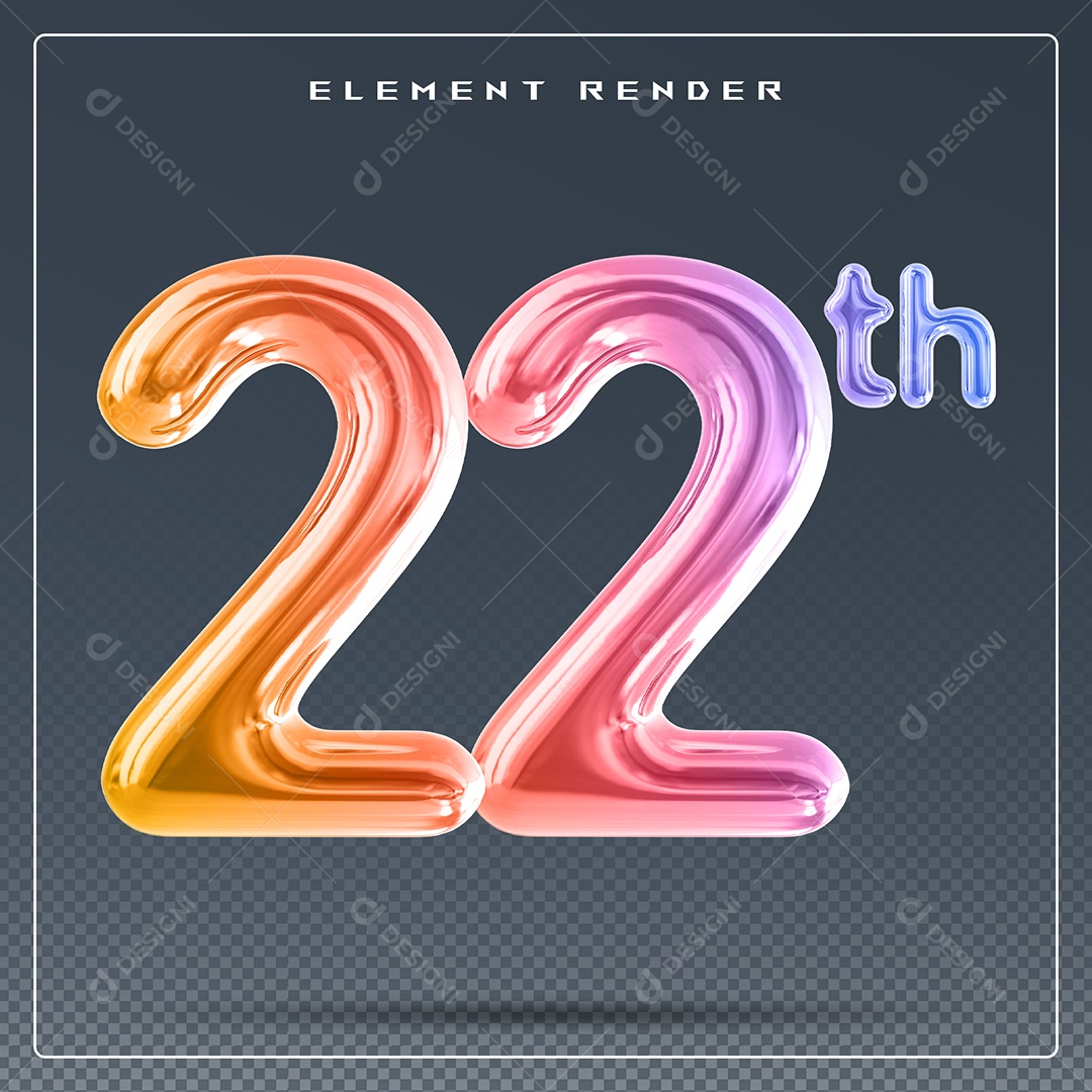 Elemento 3D Número 22 Th Colorido para Composição PSD