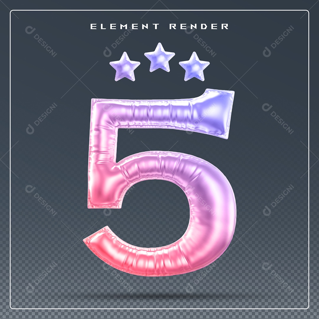 Elemento 3D Número 5 Colorido para Composição PSD