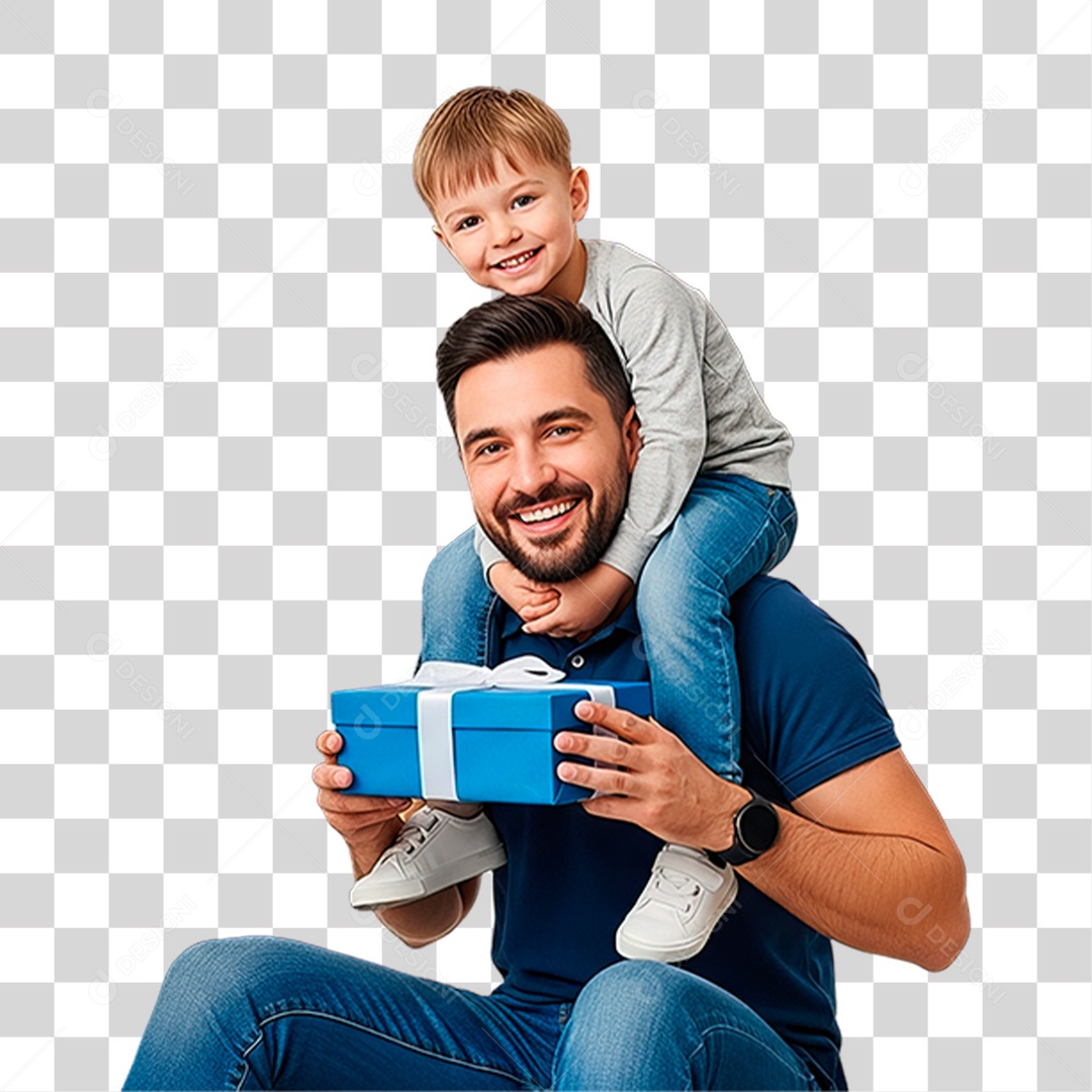 Pai e Filho com Presente Azul PNG Transparente