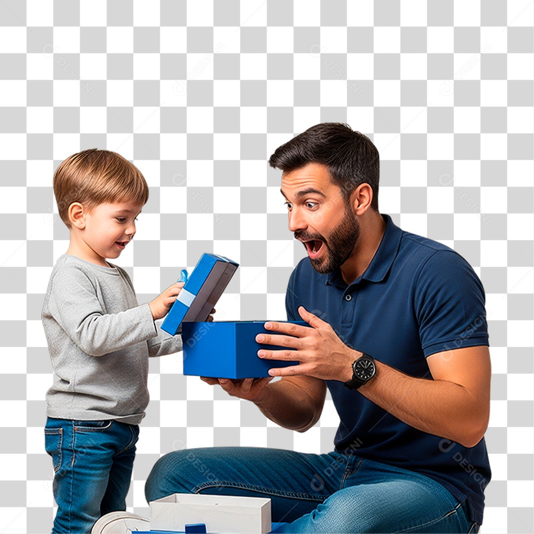 Pai e Filho com Presente Azul PNG Transparente
