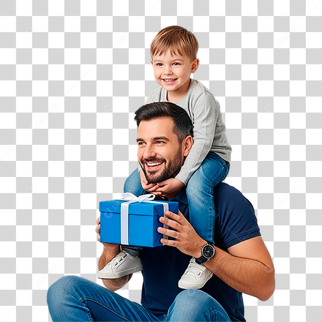 Pai e Filho com Presente Azul PNG Transparente
