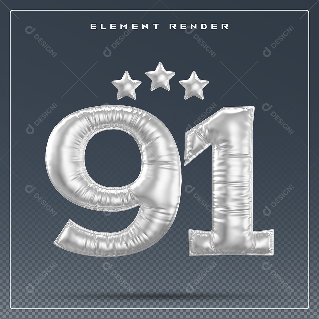 Elemento 3D Número 91 Cinza para Composição PSD