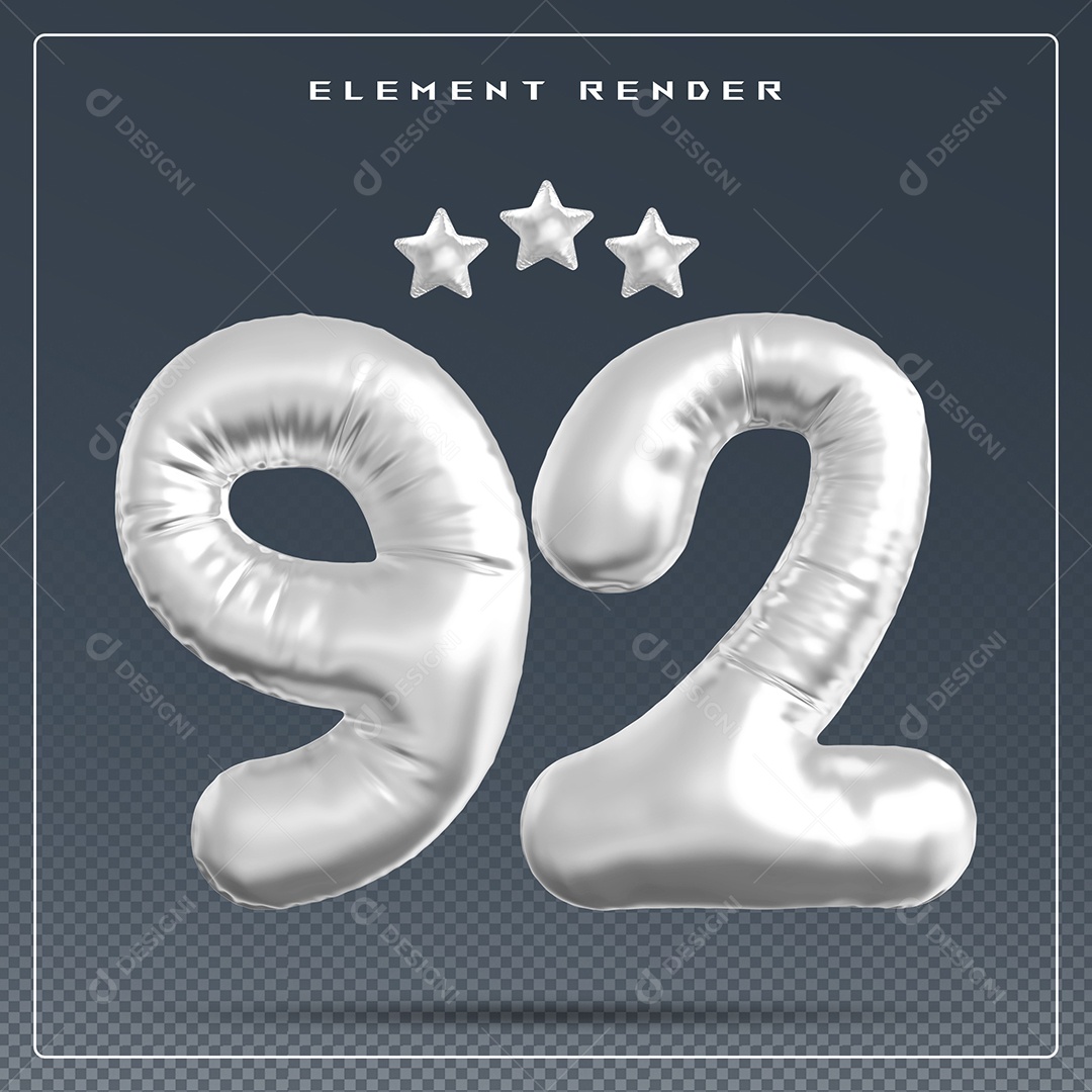 Elemento 3D Número 92 Cinza para Composição PSD