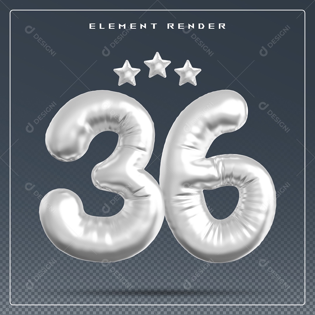 Elemento 3D Número 36 Cinza para Composição PSD