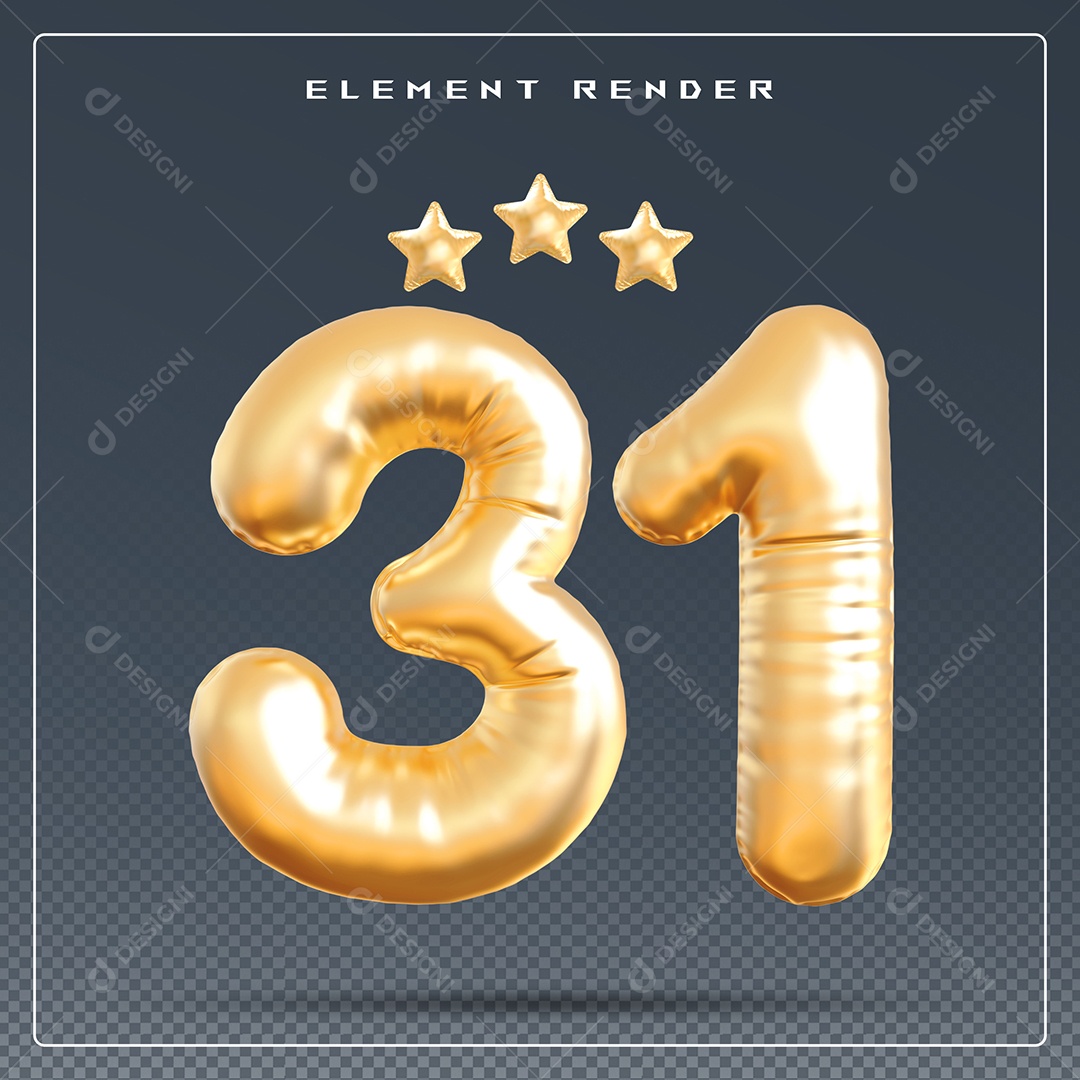 Elemento 3D Número 31 Dourado para Composição PSD