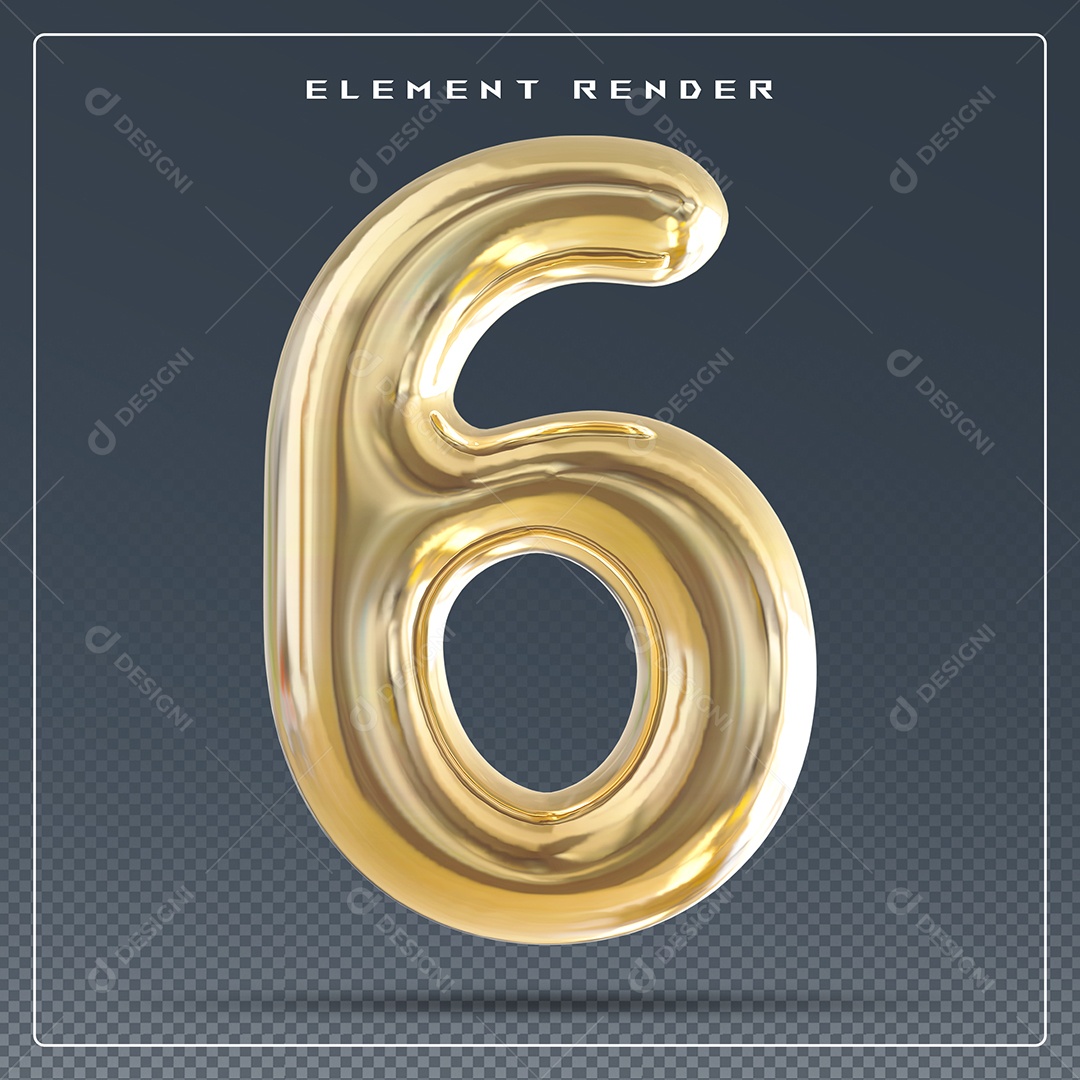 Elemento 3D Número 6 Dourado para Composição PSD