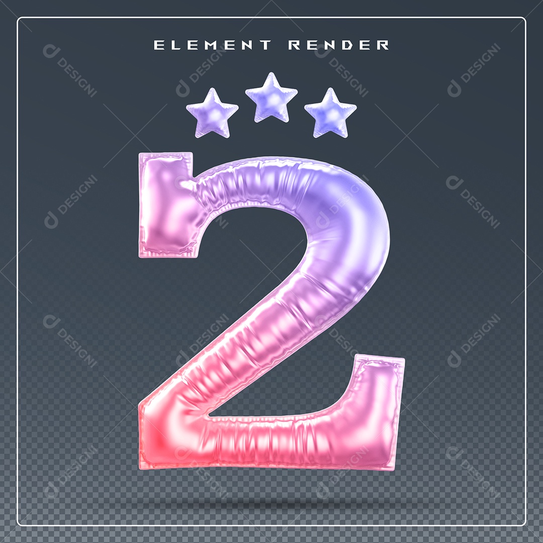 Elemento 3D Número 2 Colorido para Composição PSD