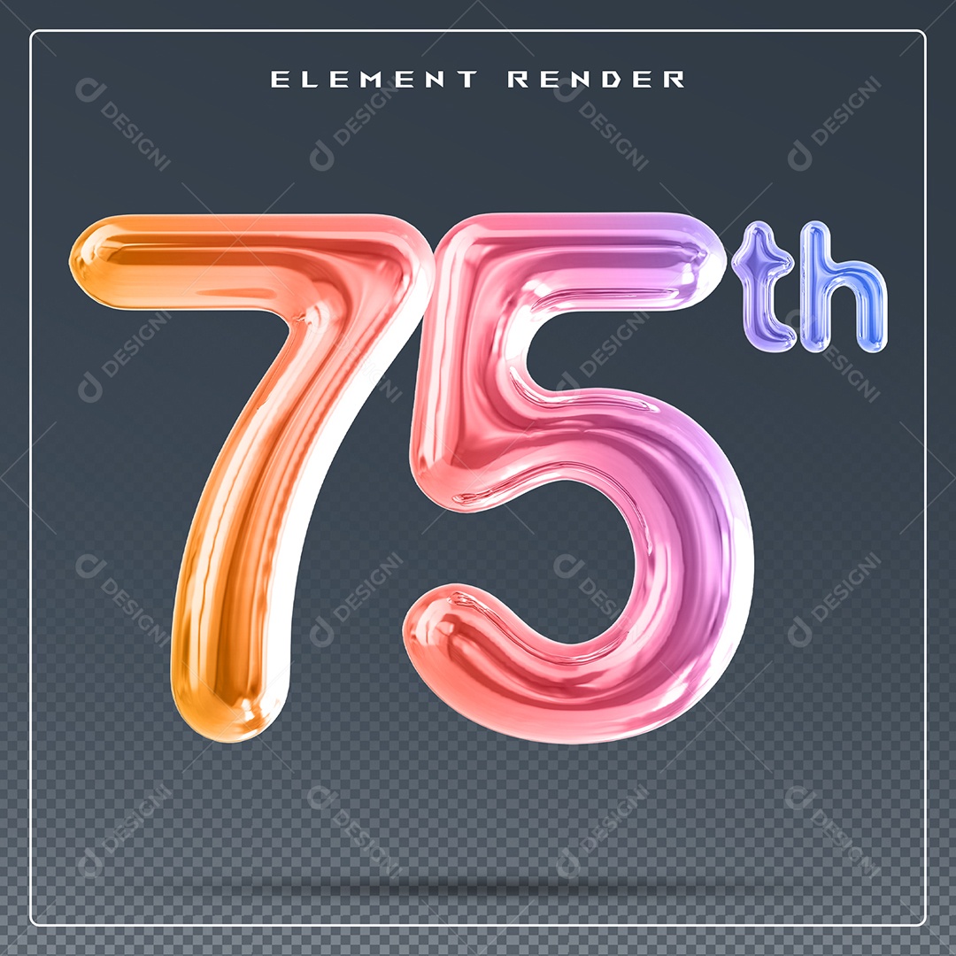 Elemento 3D Número 75 Th Colorido para Composição PSD